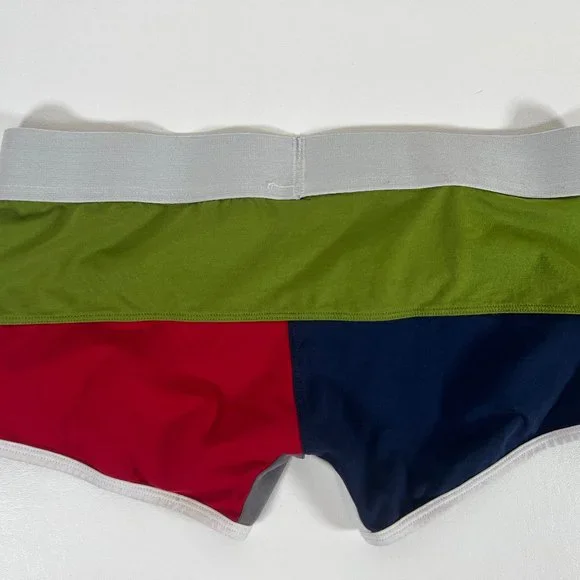 Wang Jiang Color Block Square Cut Trunk Briefs Blue Red & Green Mens Size Medium - Picture 3 of 6